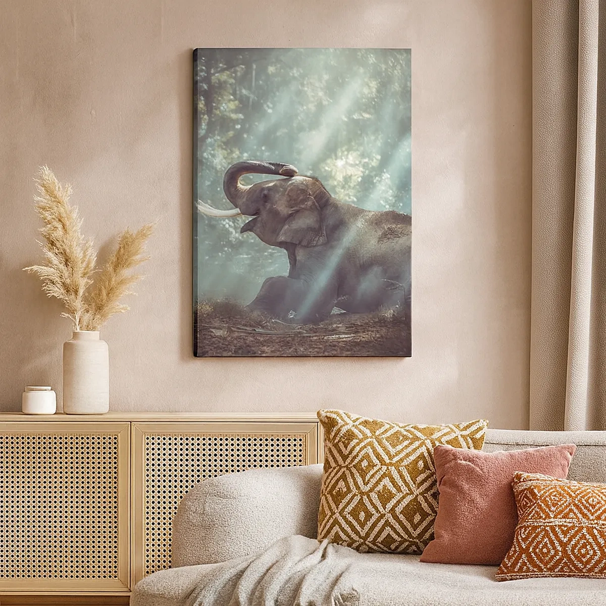 Quadro su tela - Stampe su Tela - Un ragazzo e un elefante in una foresta illuminata dalla luce del sole - 50x70cm - Ascoltalo… - Decorazione murale moderna per soggiorno e camera da letto ARTTOR
