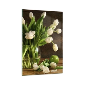 Quadro su vetro - Un bouquet di tulipani bianchi in un vaso di vetro con mele verdi - 70x100cm - Freschezza in verde e bianco - Decorazione murale moderna per soggiorno e camera da letto ARTTOR