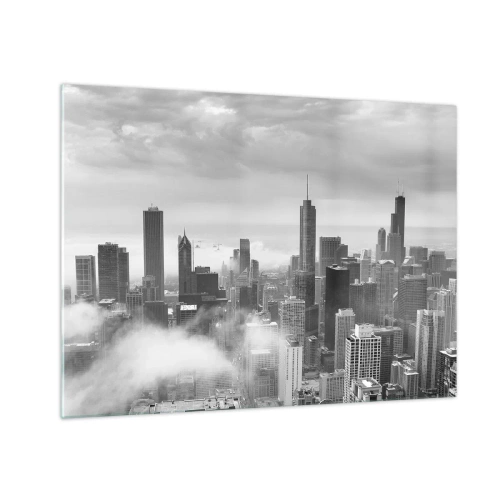 Quadro su vetro - Panorama della città con grattacieli in bianco e nero - 70x50cm - Paesaggio americano - Decorazione murale moderna per soggiorno e camera da letto ARTTOR