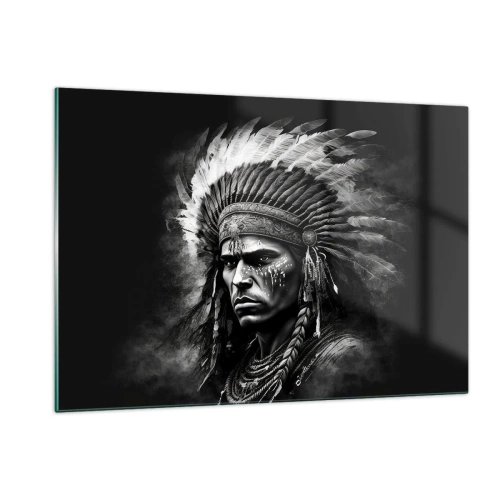 Quadro su vetro - Ritratto in bianco e nero di un guerriero con un copricapo piumato - 120x80cm - Capo e guerriero - Decorazione murale moderna per soggiorno e camera da letto ARTTOR