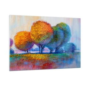 Quadro su vetro - Alberi colorati nei colori autunnali contro un cielo blu - 120x80cm - Ciuffo di colori brillanti - Decorazione murale moderna per soggiorno e camera da letto ARTTOR