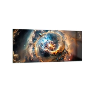 Quadro su vetro - Una visione astratta di un'esplosione cosmica nei toni dell'oro e del blu. - 120x50cm - L'inizio - Decorazione murale moderna per soggiorno e camera da letto ARTTOR