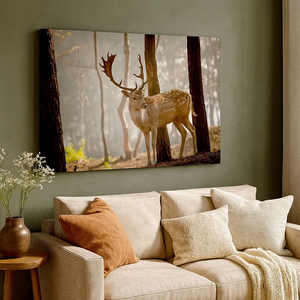 Quadro su tela - Stampe su Tela - Cervi nella foresta nella nebbia mattutina - 70x50cm - La luce della giovinezza - Decorazione murale moderna per soggiorno e camera da letto ARTTOR