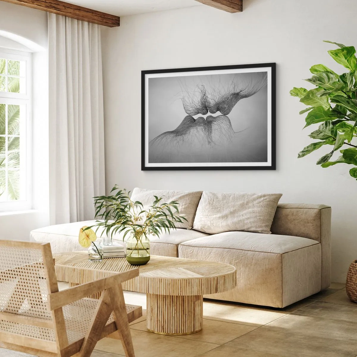 Poster in cornice nera - Un bacio astratto presentato in una forma eterea - 70x50cm - Il bacio del vento - Decorazione murale moderna per soggiorno e camera da letto ARTTOR