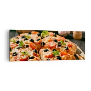Quadro su tela - Stampe su Tela - Pizza con pomodori, olive ed erbe fresche sul tavolo - 140x50cm - Te la sei nuovamente cavata - Decorazione murale moderna per soggiorno e camera da letto ARTTOR