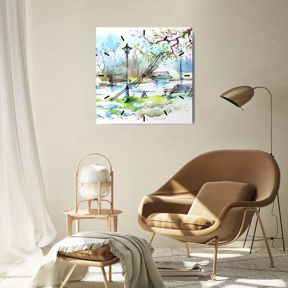 Orologio da parete - Orologio in Vetro - Scena di parco ad acquerello con panchine e lampade - 30x30cm - Il fascino del silenzio del parco - Decorazione murale moderna per soggiorno e camera da letto ARTTOR