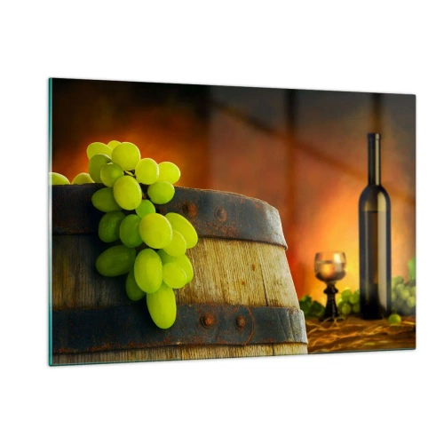 Quadro su vetro - Uva su una botte in un ambiente rustico con vino sullo sfondo - 120x80cm - Natura morta con bottiglia di vino e acini d'uva - Decorazione murale moderna per soggiorno e camera da letto ARTTOR