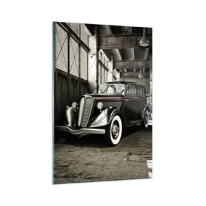 Quadro su vetro - Elegante auto retrò in un magazzino grezzo - 80x120cm - L'eleganza eterna degli anni '30 - Decorazione murale moderna per soggiorno e camera da letto ARTTOR