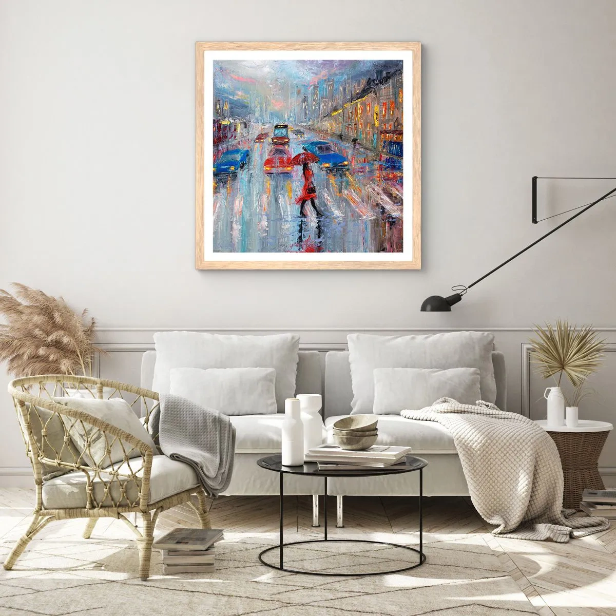 Poster in cornice rovere chiaro - Pomeriggio di pioggia in città - 50x50 cm