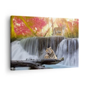 Quadro su tela - Stampe su Tela - Tigri presso una cascata nella foresta autunnale - 70x50cm - Paesaggio surreale - Decorazione murale moderna per soggiorno e camera da letto ARTTOR