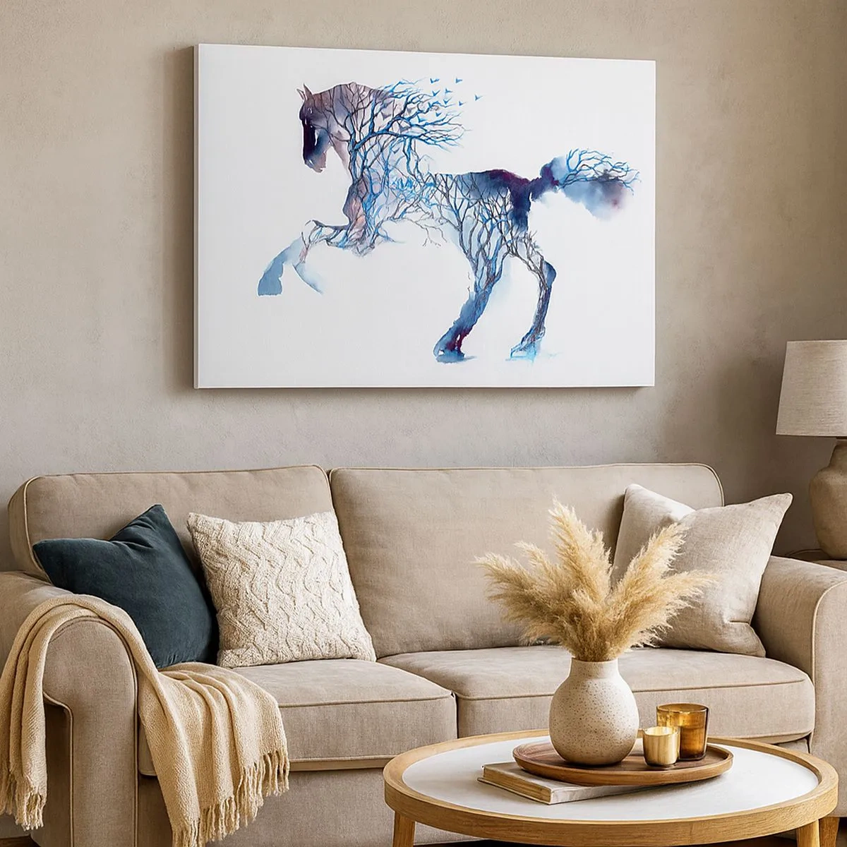 Quadro su tela - Stampe su Tela - Grafica artistica di un cavallo con motivi di alberi e uccelli - 70x50cm - Come se il bosco si muovesse - Decorazione murale moderna per soggiorno e camera da letto ARTTOR