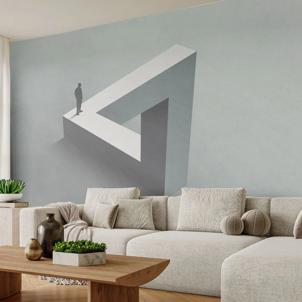 Fotomurali Premium Sand - Un uomo in piedi su una forma geometrica impossibile. - 100x70cm - Eppure è possibile - Decorazione murale moderna per soggiorno e camera da letto ARTTOR