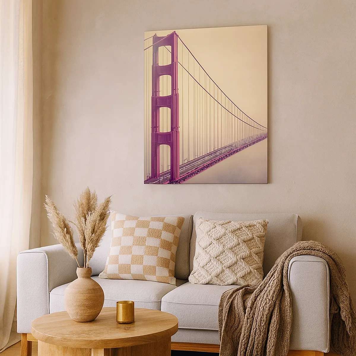Quadro su tela - Stampe su Tela - Un ponte nella nebbia in tonalità pastello, simbolo di eleganza e pace - 50x70cm - Tra il cielo e la terra - Decorazione murale moderna per soggiorno e camera da letto ARTTOR