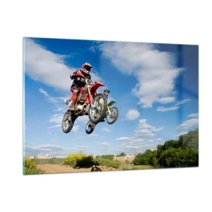 Quadro su vetro - Un motociclista in volo contro un cielo blu - 120x80cm - Saltando sotto il cielo - Decorazione murale moderna per soggiorno e camera da letto ARTTOR