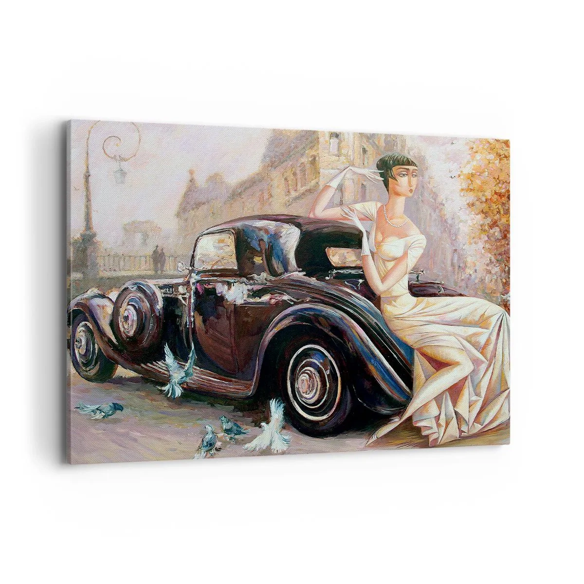 Quadro su tela - Stampe su Tela - Donna retrò accanto a un'auto d'epoca - 100x70cm - Eleganza in stile retro - Decorazione murale moderna per soggiorno e camera da letto ARTTOR