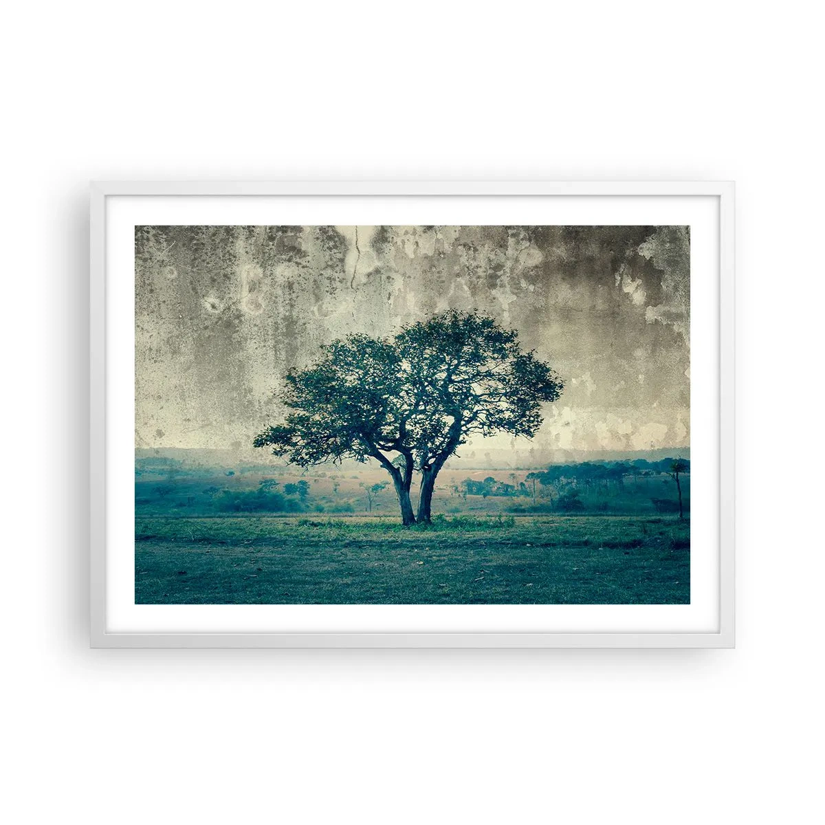 Poster in cornice bianca - Un melo su un prato blu? - 70x50 cm