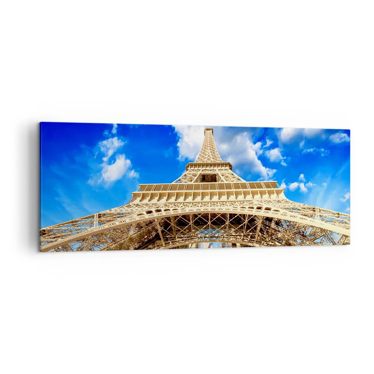 Quadro su tela - Stampe su Tela - La Torre Eiffel dal basso contro un cielo blu - 140x50cm - Toccare il cielo e le nuvole - Decorazione murale moderna per soggiorno e camera da letto ARTTOR