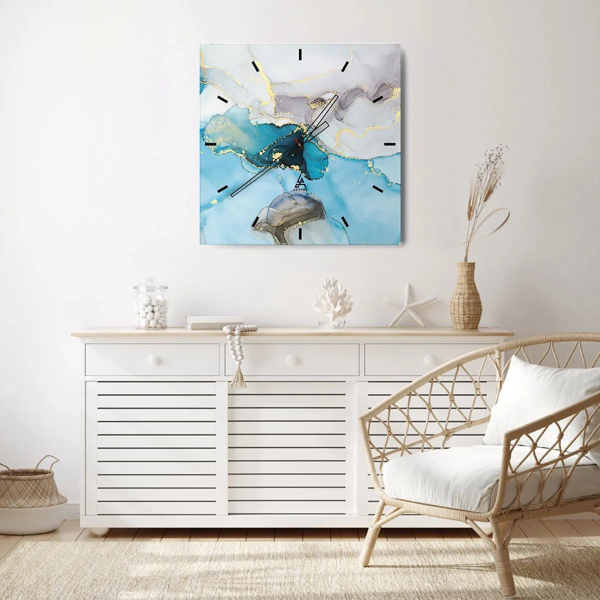 Orologio da parete - Orologio in Vetro - Studio di incontro tra grigio e turchese - 30x30 cm