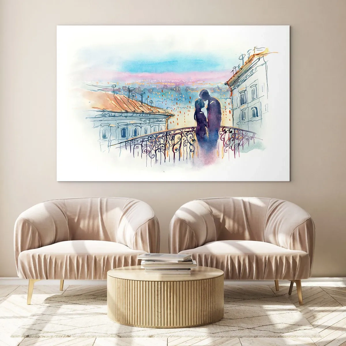 Quadro su vetro - Coppia sul balcone che si gode un romantico tramonto - 70x50cm - Amanti parigini - Decorazione murale moderna per soggiorno e camera da letto ARTTOR