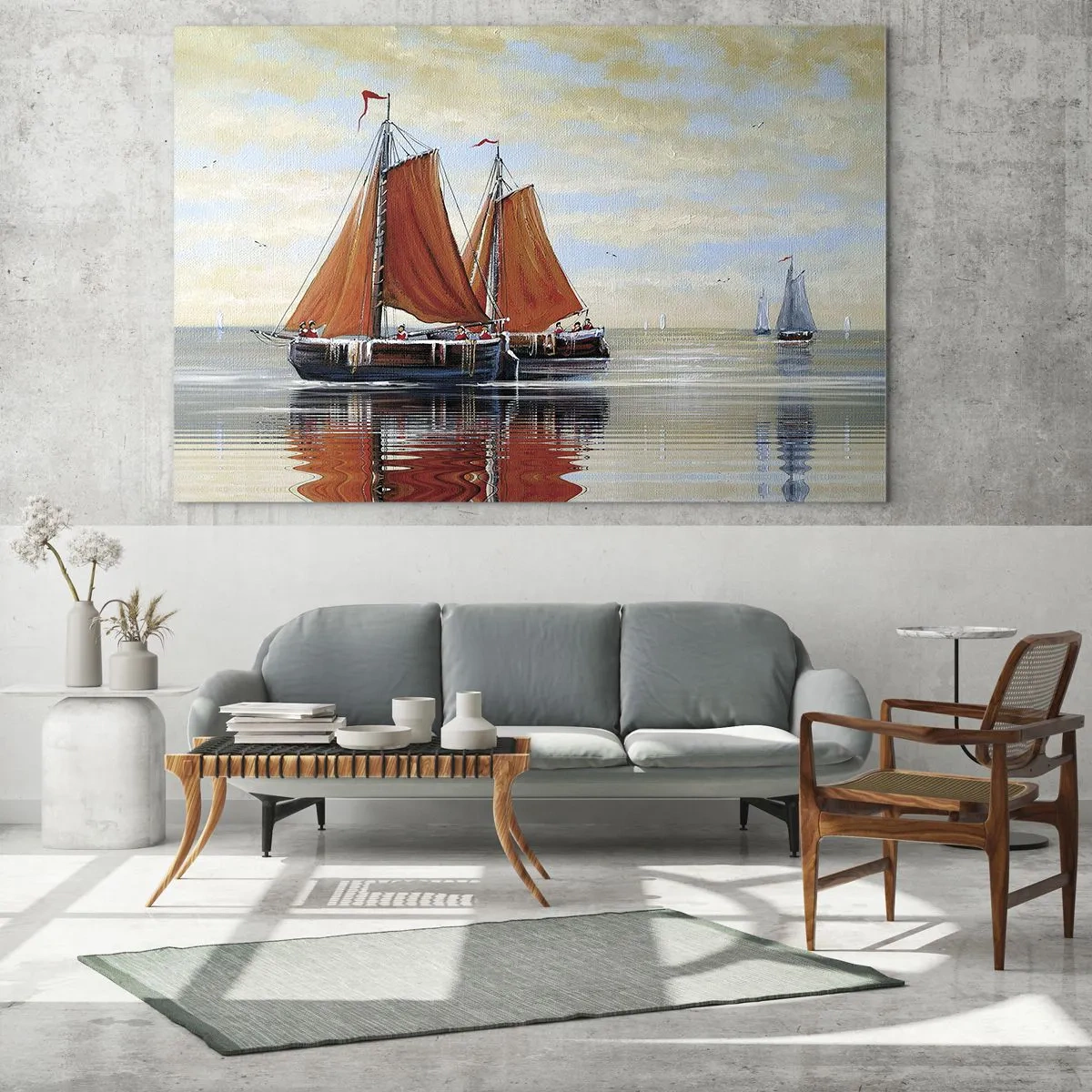 Quadro su vetro - Velieri su un mare calmo al tramonto - 120x80cm - Naviga, marinaio... - Decorazione murale moderna per soggiorno e camera da letto ARTTOR