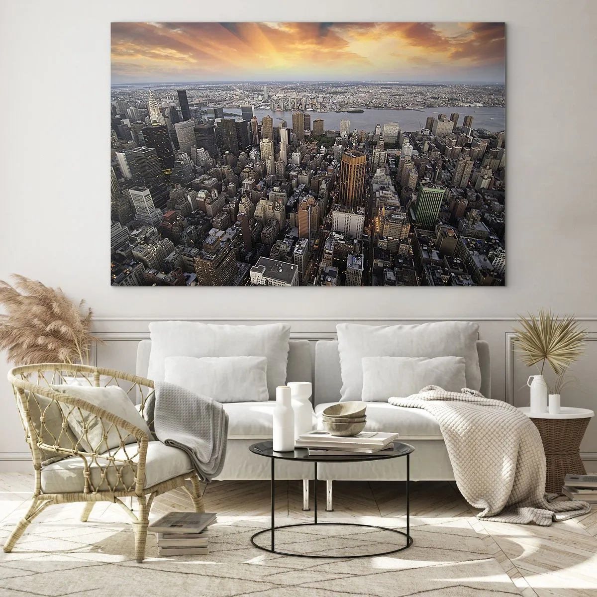 Quadro su vetro - Panorama della città con vista sui grattacieli al tramonto - 120x80cm - Il cuore pulsante dei nostri tempi - Decorazione murale moderna per soggiorno e camera da letto ARTTOR