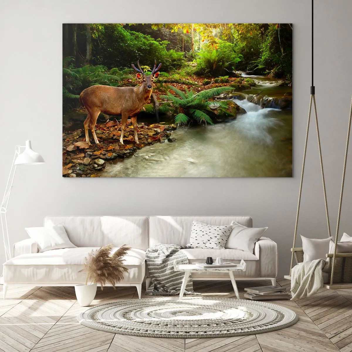 Quadro su vetro - Un cervo vicino a un ruscello in una foresta illuminata dal sole - 120x80cm - Benvenuto nel mio mondo - Decorazione murale moderna per soggiorno e camera da letto ARTTOR