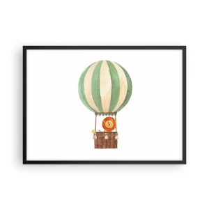Poster in cornice nera - Un palloncino con un leone sorridente in un cestino color pastello - 70x50cm - I viaggi del leone - Decorazione murale moderna per soggiorno e camera da letto ARTTOR