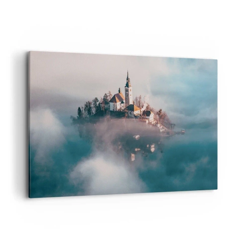 Quadro su tela - Stampe su Tela - Un'isola pittoresca con una chiesa circondata dalla nebbia - 120x80cm - L'isola dei sogni - Decorazione murale moderna per soggiorno e camera da letto ARTTOR