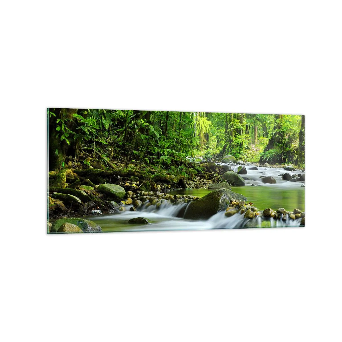 Quadro su vetro - Un ruscello in una lussureggiante foresta tropicale - 120x50cm - Fluttuando in un mare di verde - Decorazione murale moderna per soggiorno e camera da letto ARTTOR