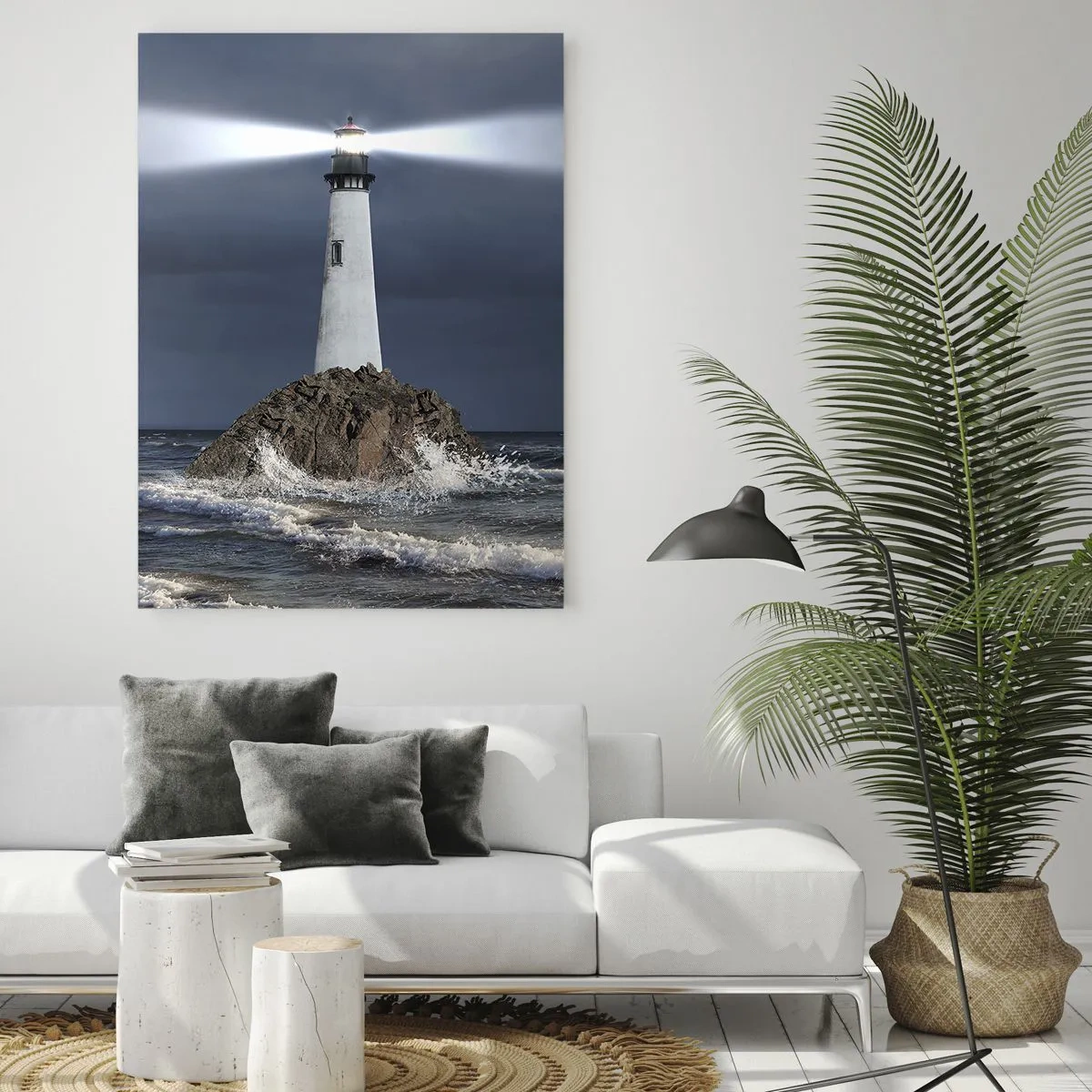 Quadro su vetro - Un faro su una roccia in mezzo alle onde agitate di notte - 50x70cm - Qui...qui... qui! - Decorazione murale moderna per soggiorno e camera da letto ARTTOR