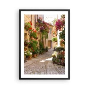 Poster in cornice nera - Una strada fiorita con pavimentazione in pietra e vasi di fiori - 50x70cm - Un'esplosione di fiori - Decorazione murale moderna per soggiorno e camera da letto ARTTOR