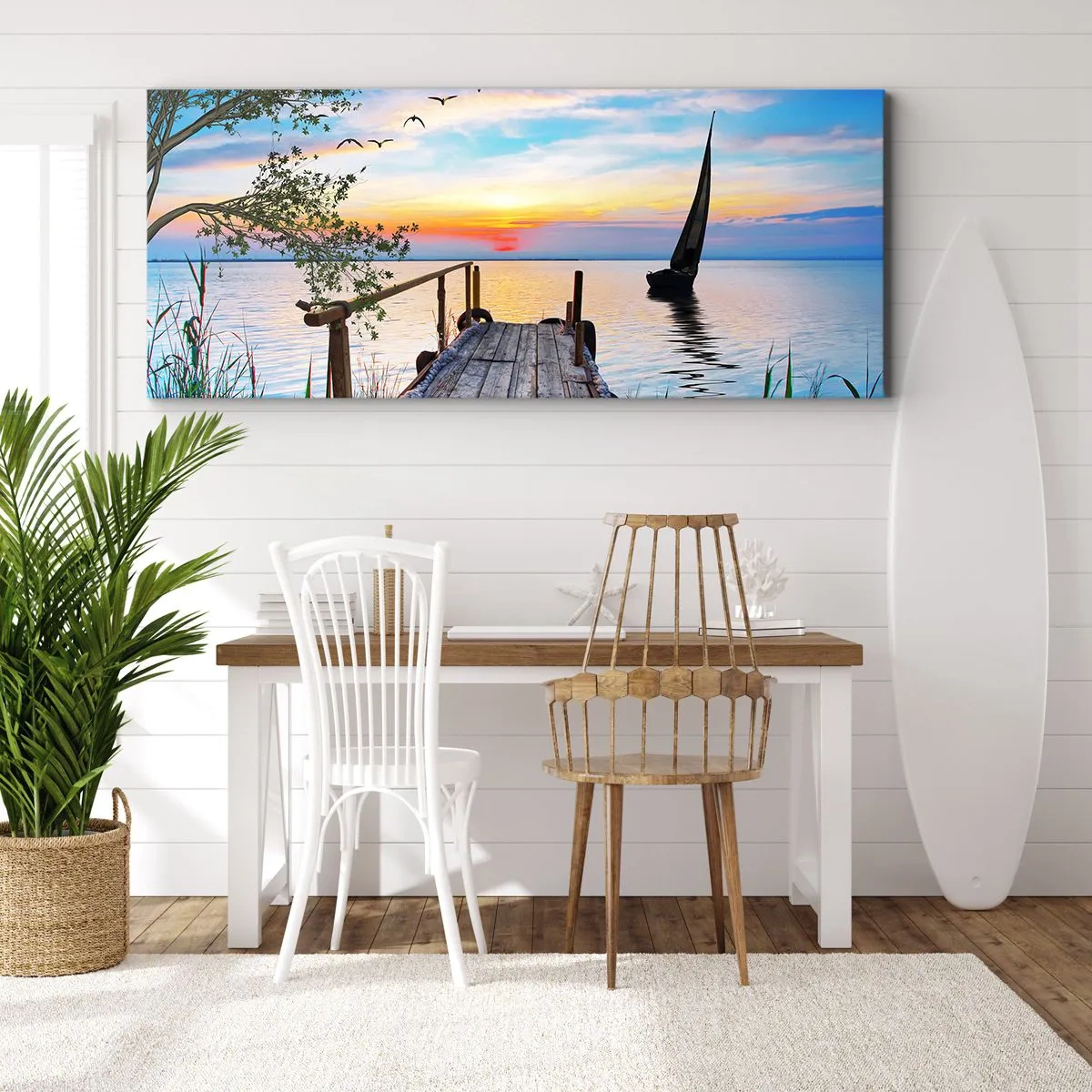 Quadro su tela - Stampe su Tela - Molo del lago con barca e tramonto - 160x50cm - Buona sera - Decorazione murale moderna per soggiorno e camera da letto ARTTOR
