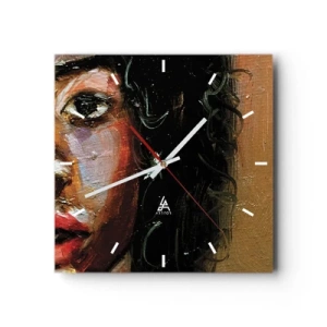 Orologio da parete - Orologio in Vetro - Un ritratto espressivo di una donna dai colori intensi. - 30x30cm - Oscurità e luce - Decorazione murale moderna per soggiorno e camera da letto ARTTOR