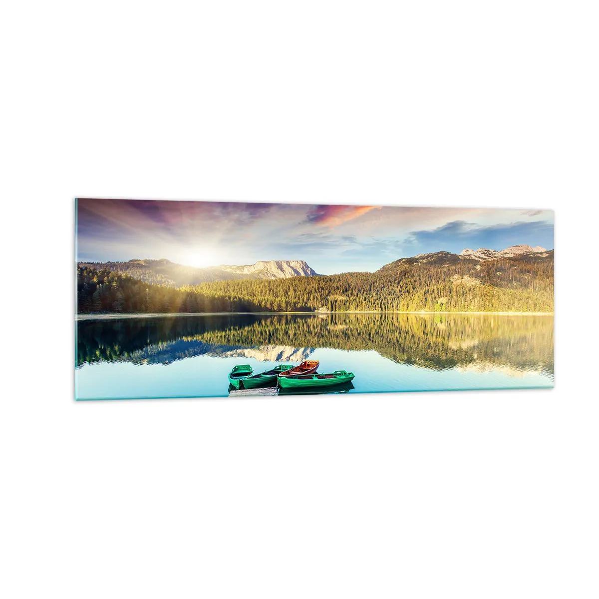 Quadro su vetro - Tramonto sul lago con barche al molo - 140x50cm - Sull'acqua liscia come uno specchio - Decorazione murale moderna per soggiorno e camera da letto ARTTOR