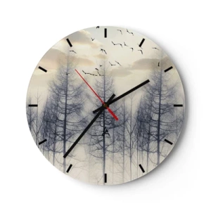 Orologio da parete - Orologio in Vetro - Un paesaggio nebbioso con alberi e uccelli in volo - 30x30cm - Lo spirito della foresta - Decorazione murale moderna per soggiorno, cucina e camera da letto ARTTOR