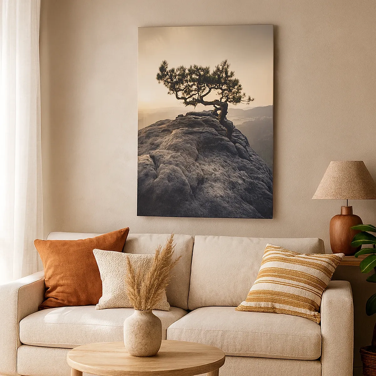 Quadro su tela - Stampe su Tela - Un albero solitario su una cima rocciosa alla luce del sole - 50x70cm - La vita vince sempre - Decorazione murale moderna per soggiorno e camera da letto ARTTOR