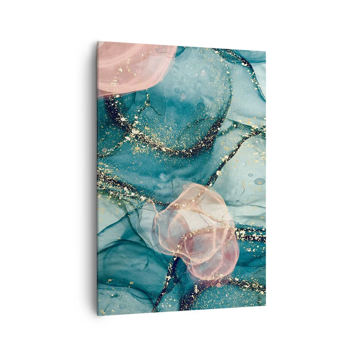 Quadro su tela - Stampe su Tela - Una composizione astratta nei toni del turchese e dell'oro. - 70x100cm - Blu di seta, rosa di tulle - Decorazione murale moderna per soggiorno e camera da letto ARTTOR