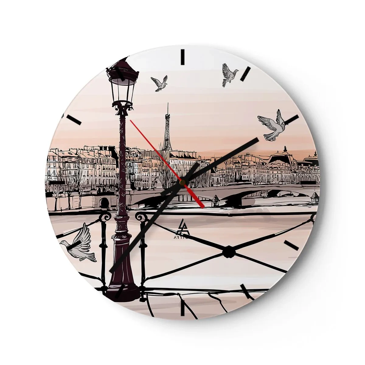 Orologio da parete - Orologio in Vetro - Una lanterna, dei piccioni e il panorama di Parigi al tramonto - 30x30cm - Sui tetti di Parigi - Decorazione murale moderna per soggiorno, cucina e camera da letto ARTTOR