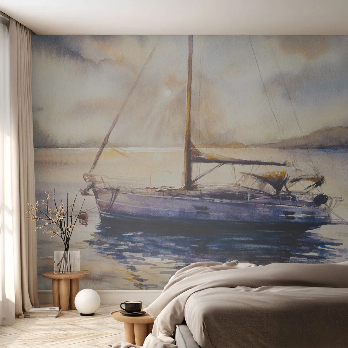 Fotomurali Premium Sand - Barca a vela acquerello su un mare calmo al tramonto - 100x70cm - La sera nel golfo - Decorazione murale moderna per soggiorno e camera da letto ARTTOR