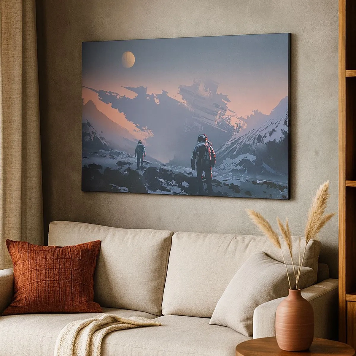 Quadro su tela - Stampe su Tela - Astronauti su un pianeta alieno con un relitto di astronave - 70x50cm - Sotto una stella sconosciuta - Decorazione murale moderna per soggiorno e camera da letto ARTTOR