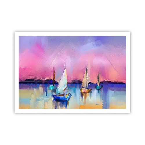 Poster - Barche a vela su un mare calmo nei colori pastello del tramonto - 100x70cm - Direzione: mare aperto - Decorazione murale moderna per soggiorno e camera da letto ARTTOR