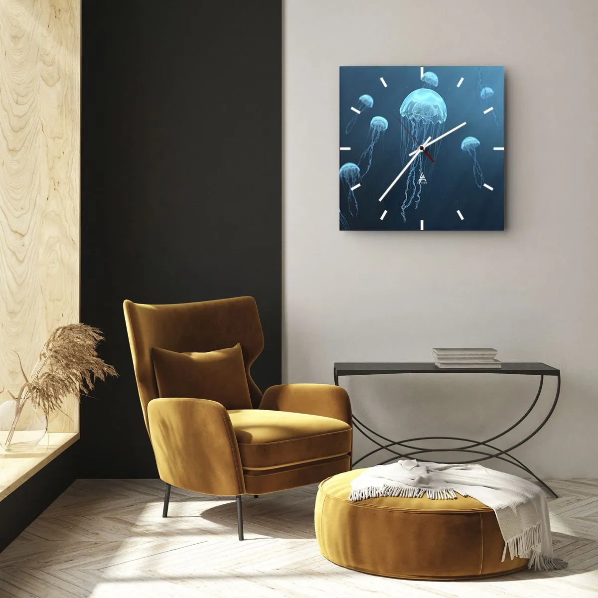 Orologio da parete - Orologio in Vetro - Meduse che galleggiano nelle profondità dell'oceano nei toni del blu - 30x30cm - La danza oceanica - Decorazione murale moderna per soggiorno e camera da letto ARTTOR