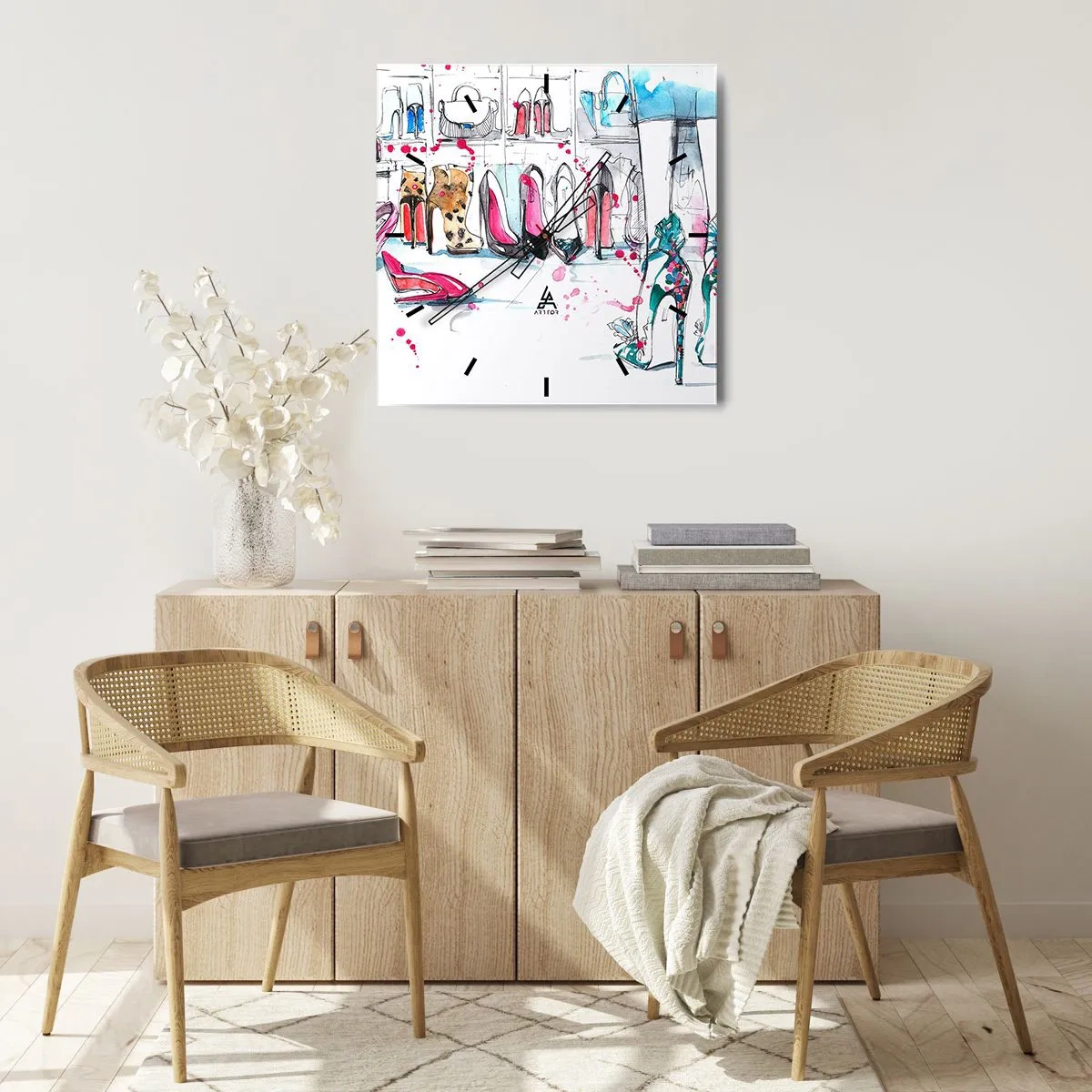 Orologio da parete - Orologio in Vetro - Grafica artistica con tacchi alti e accessori - 30x30cm - Apriti sesamo - Decorazione murale moderna per soggiorno e camera da letto ARTTOR