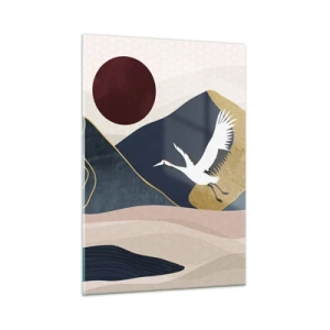 Quadro su vetro - Due gru che sorvolano un paesaggio ondulato con un sole rosso. - 50x70cm - E la giornata è nuovamente VOLATA - Decorazione murale moderna per soggiorno e camera da letto ARTTOR