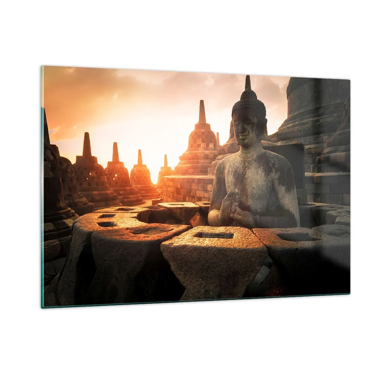 Quadro su vetro - Una statua del Buddha illuminata dal sole al tramonto in un antico complesso di templi - 120x80cm - La pagoda della grande saggezza - Decorazione murale moderna per soggiorno e camera da letto ARTTOR