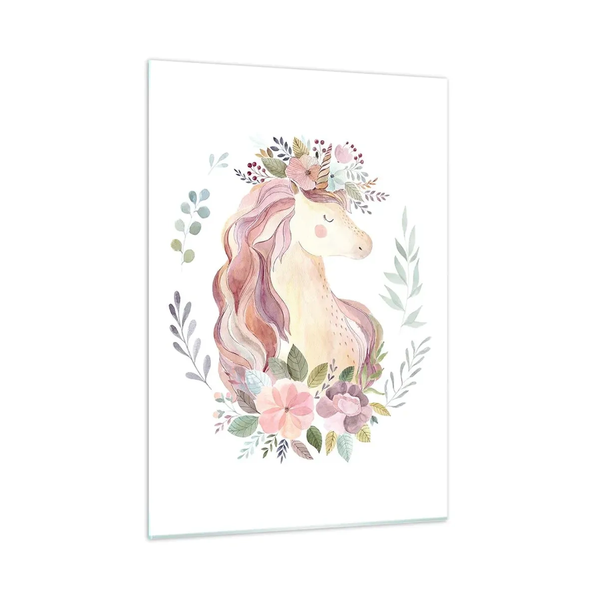 Quadro su vetro - Un unicorno dei cartoni animati con una criniera di fiori pastello - 50x70cm - Invito nel mondo delle favole - Decorazione murale moderna per soggiorno e camera da letto ARTTOR