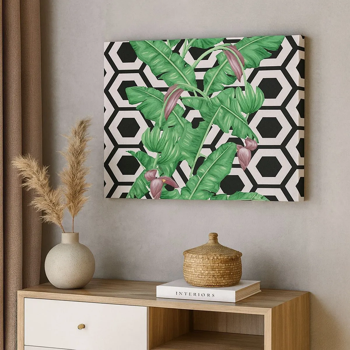 Quadro su tela - Stampe su Tela - Foglie tropicali su sfondo geometrico - 70x50cm - Composizione simmetrica con la natura - Decorazione murale moderna per soggiorno e camera da letto ARTTOR
