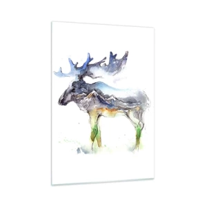 Quadro su vetro - Dipinto ad acquerello di un alce con motivo a sagoma di montagna - 50x70cm - Il protagonista dei racconti invernali - Decorazione murale moderna per soggiorno e camera da letto ARTTOR