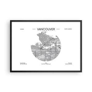 Poster in cornice nera - Una mappa di Vancouver in stile minimalista in bianco e nero - 70x50cm - Anatomia Vancouver - Decorazione murale moderna per soggiorno e camera da letto ARTTOR