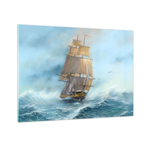 Quadro su vetro - Una nave a vela in un mare in tempesta in stile pittorico - 70x50cm - Frangendo i flutti - Decorazione murale moderna per soggiorno e camera da letto ARTTOR